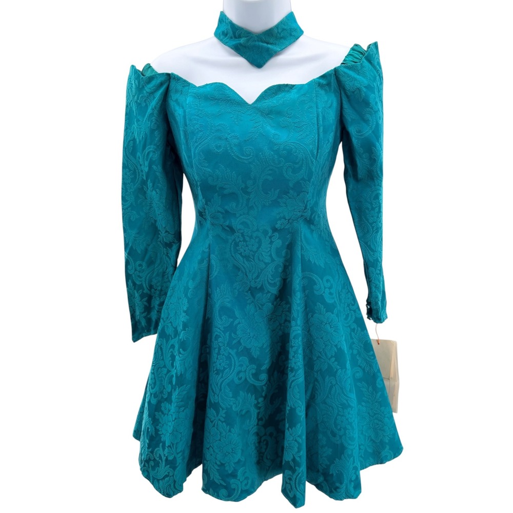 NWT Vtg Scott McClintock Teal Floral Damask Dress 4 Regency Cyber Goth Vampire